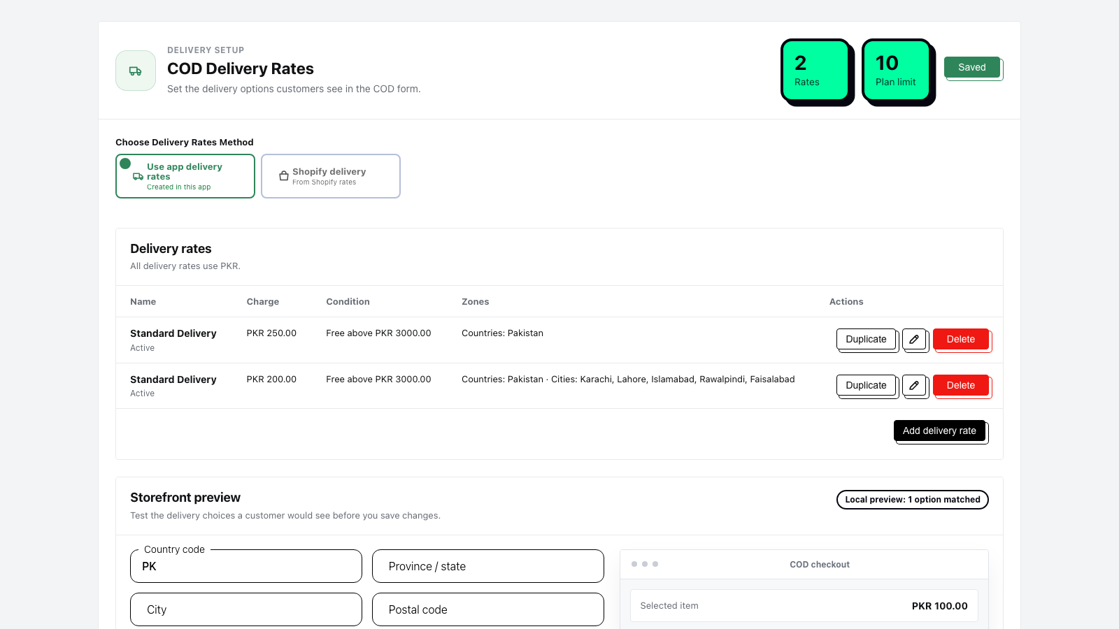 COD delivery rates with storefront preview in CODProof